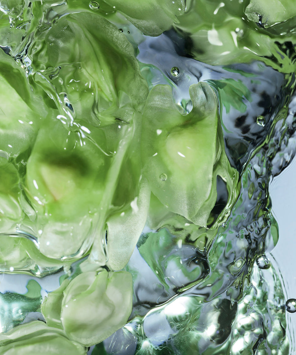 Green gelatinous substance with water droplets